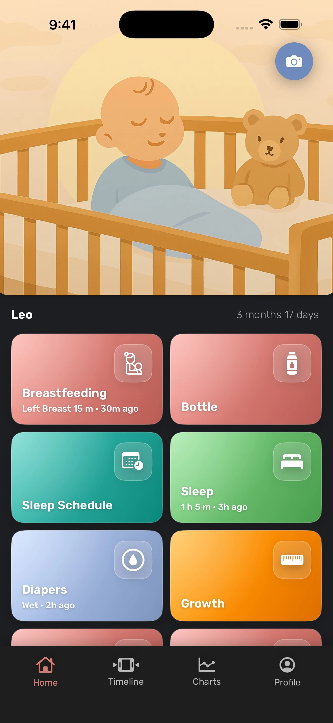 Babylytics home dashboard showing baby care categories