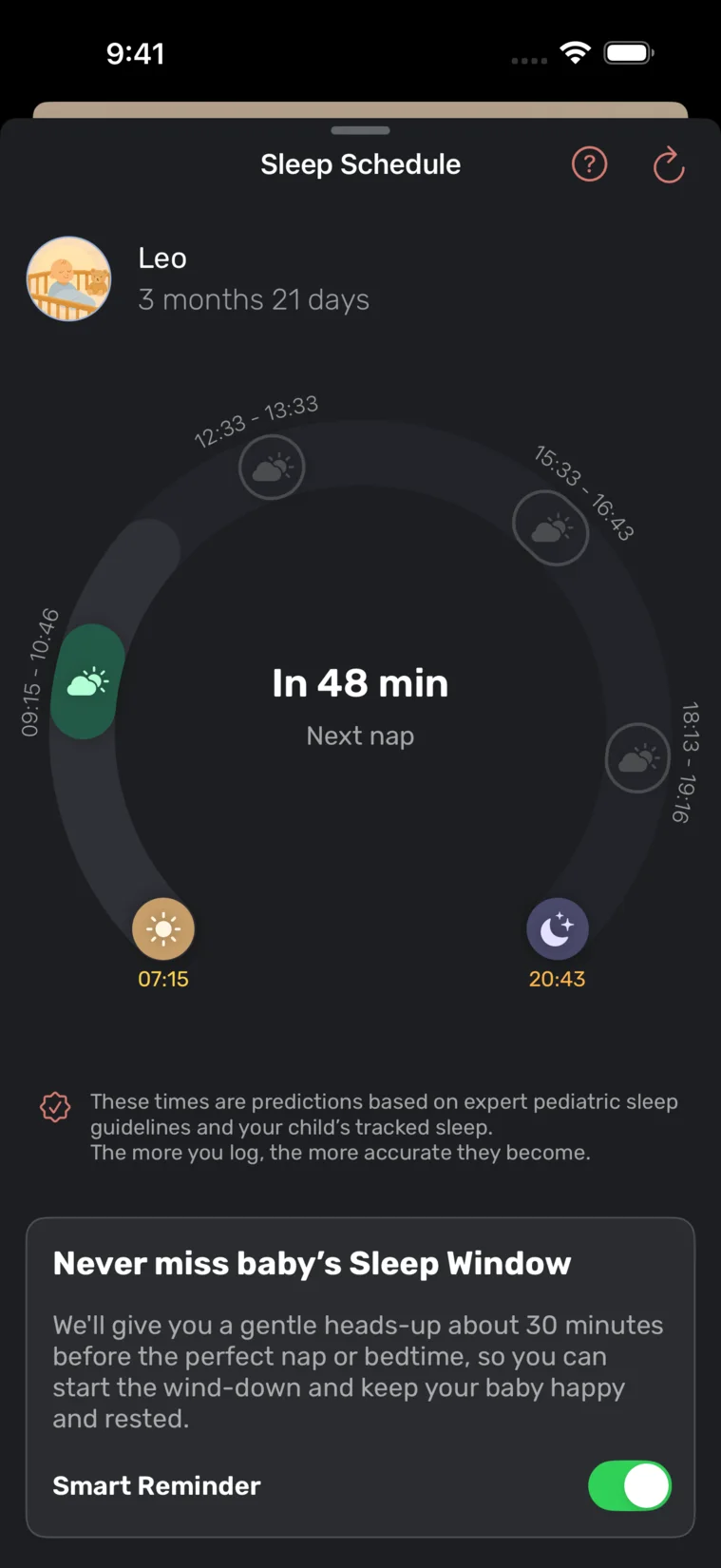 Babylytics sleep schedule prediction screen